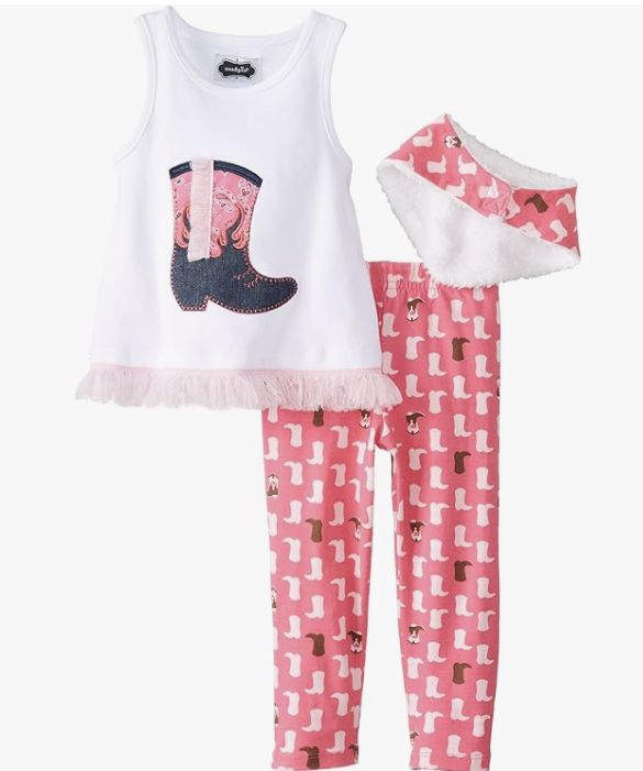 Mud Pie Girls White Pink Cowgirl Boot Tunic & Leggings 3 pieces set