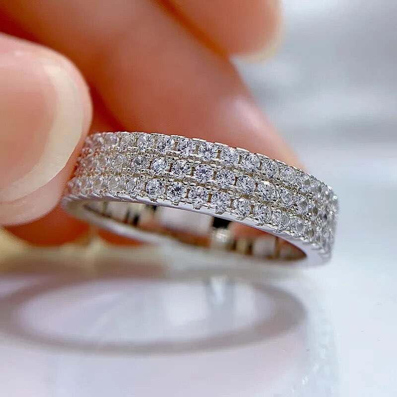 Three row full moissanite eternity wedding band ring