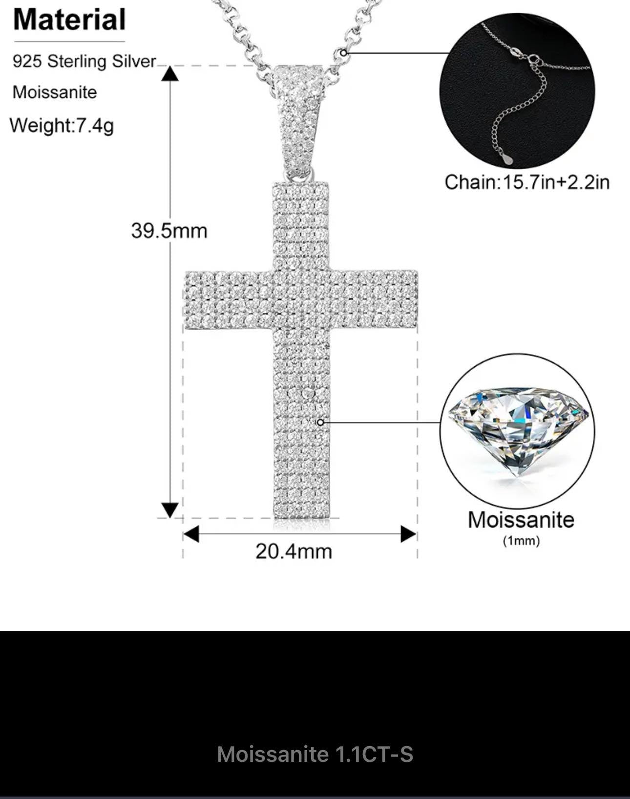 Moissanite Cross Pendant Unisex Men Women Necklace Religion Communion Gift