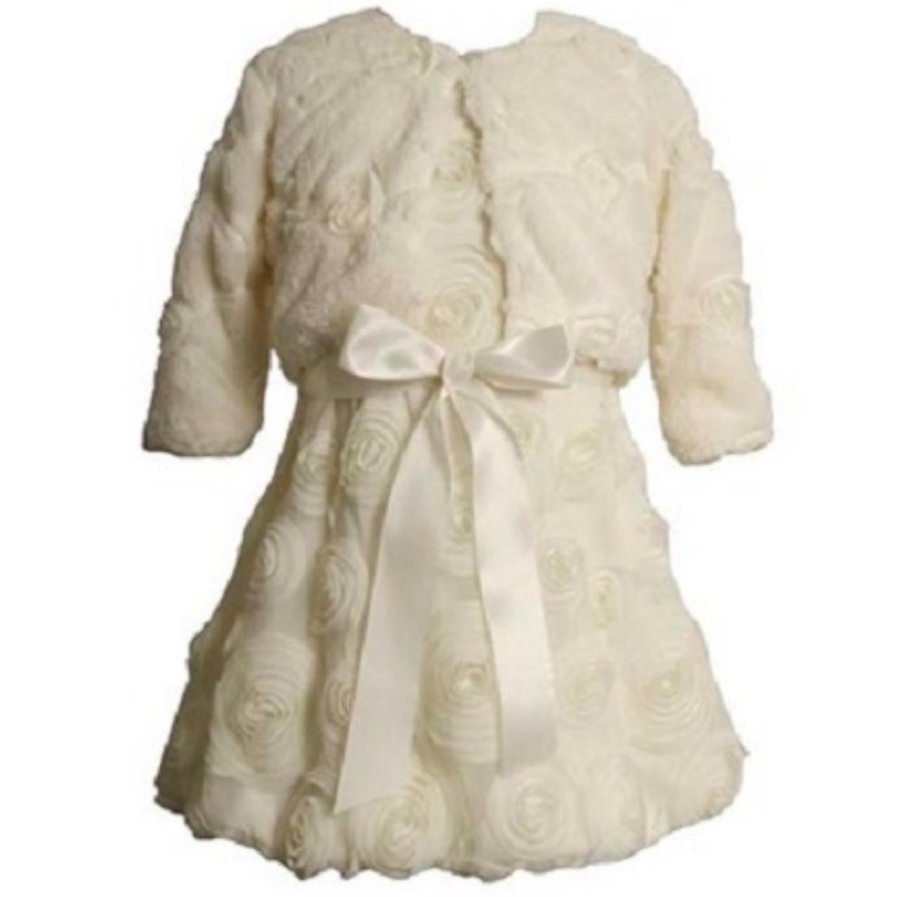 Bonnie Jean Girls Occasion Ivory Rosette Bonaz Dress & Faux Fur Vest