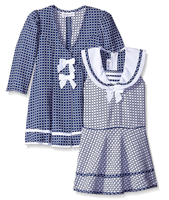 Bonnie Jean Girls Navy White Checked Jacquard Coat & Dress 2 pieces set