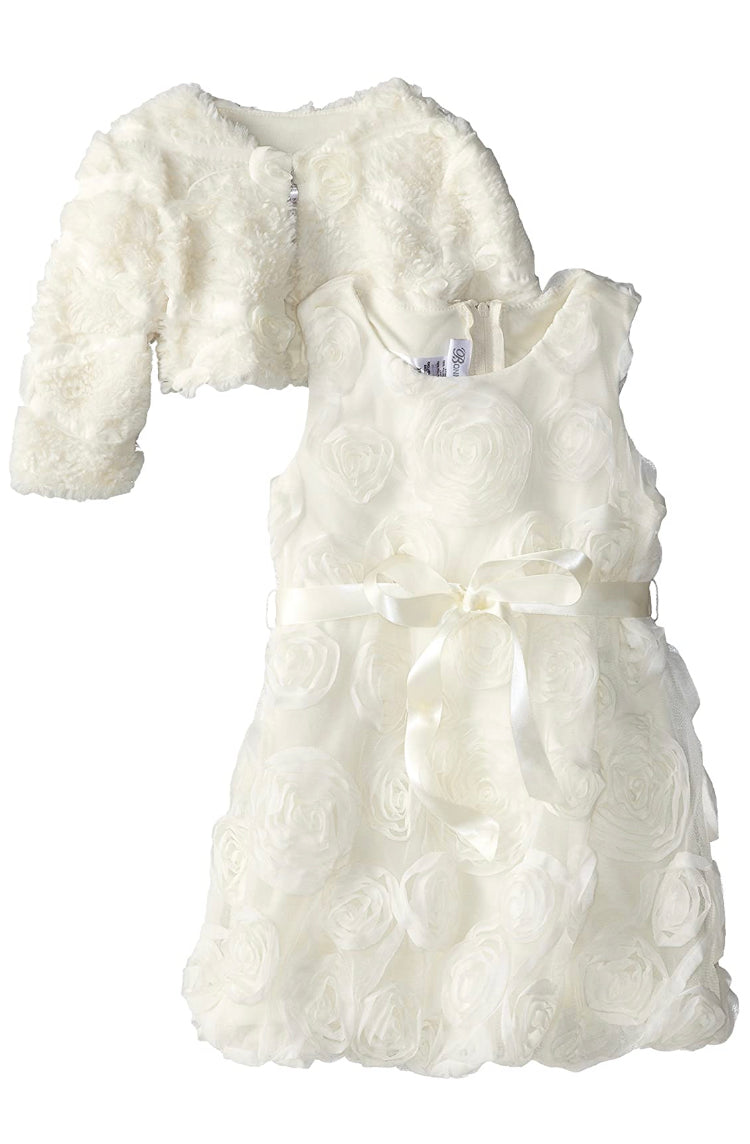 Bonnie Jean Girls Occasion Ivory Rosette Bonaz Dress & Faux Fur Vest