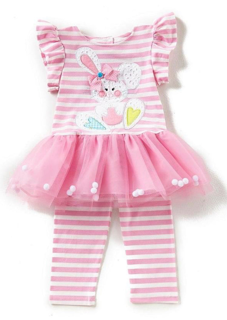 Rare Editions Youth Girls Pink White Stripes Bunny Pom Pom Dress with Leggings Size 4 5